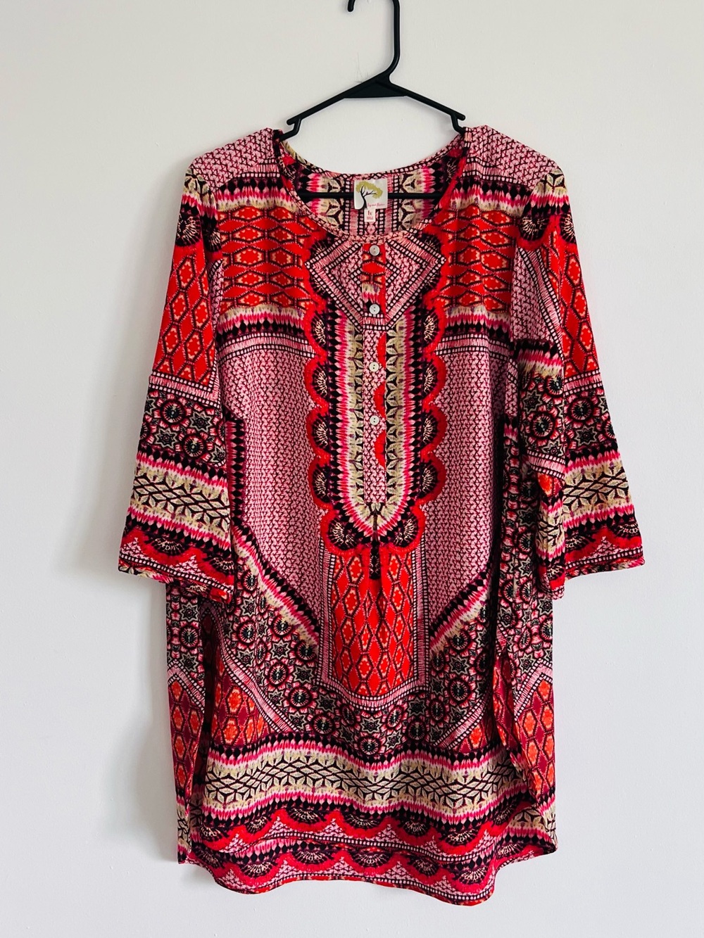 fig and flower Red and Pink Patterned Long Sleeve Tunic Dress